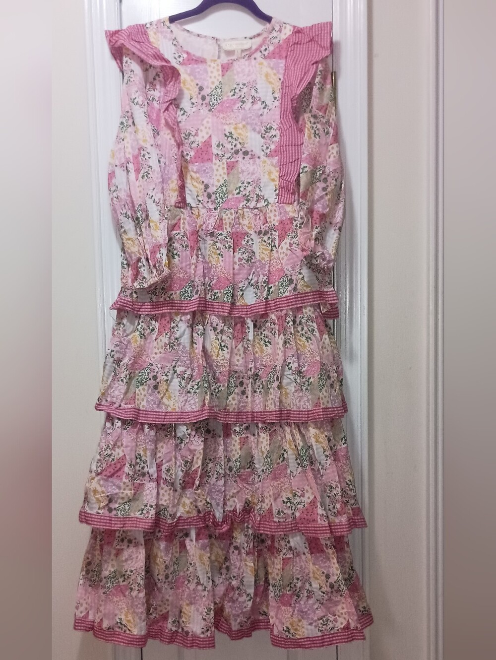 Simply Southern Pink Floral Tiered Ruffle  Cotton Long Sleeve Dress